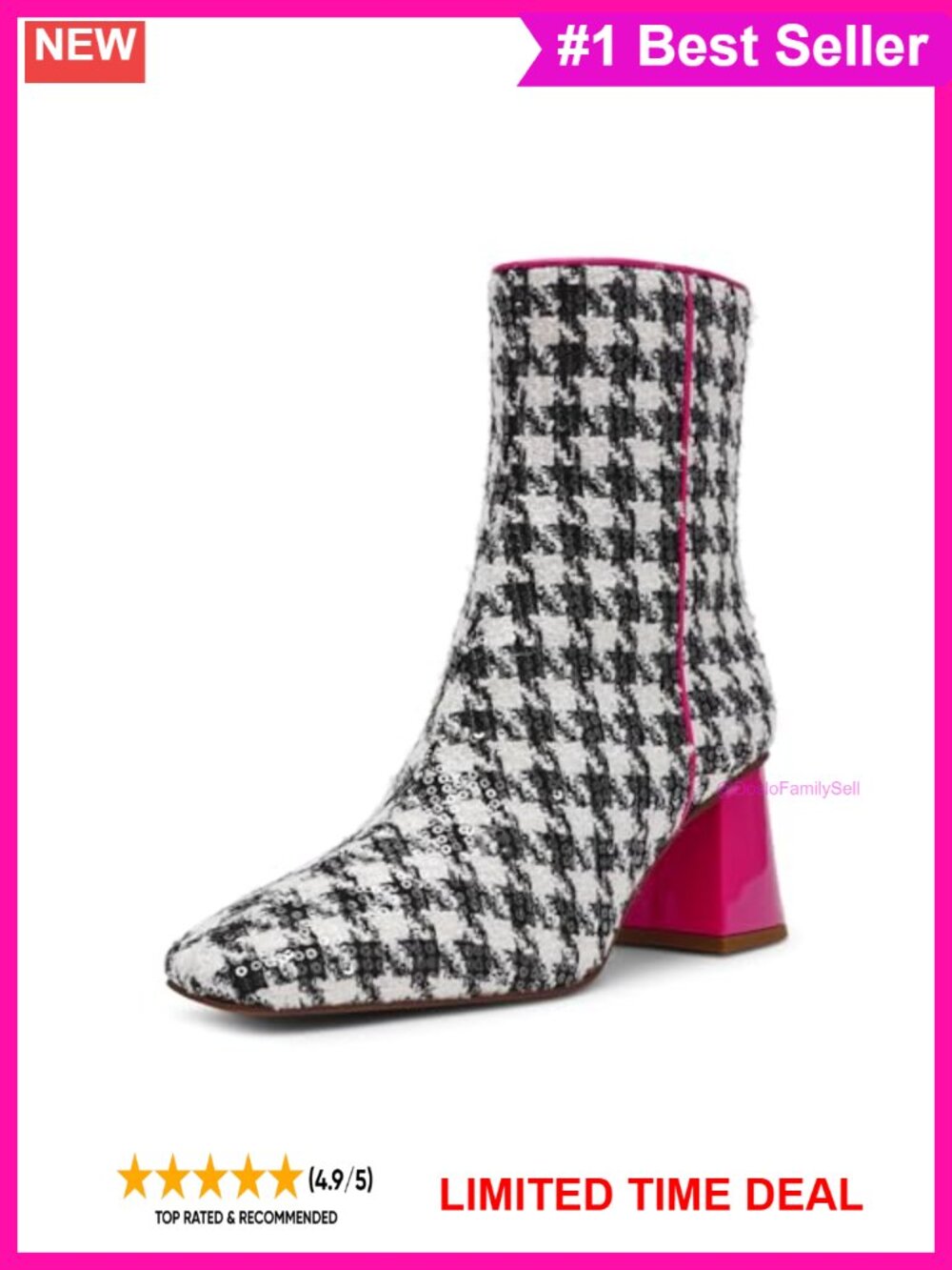 Pointed Toe Block Heel Ankle Bootie Side Zip Houndstooth Fall Boot